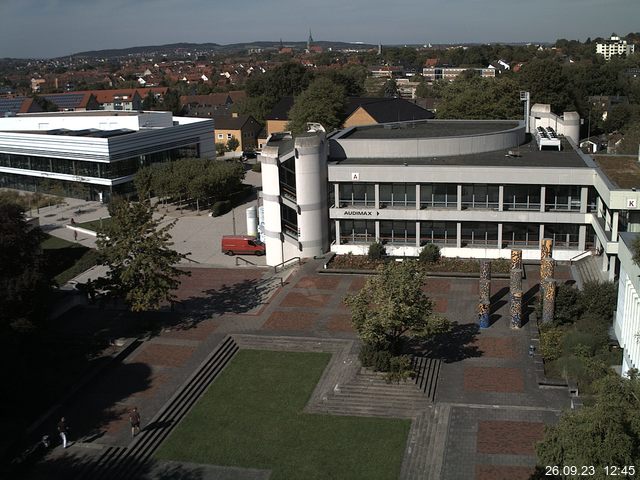 Foto der Webcam: Verwaltungsgebäude, Innenhof mit Audimax, Hörsaal-Gebäude 1